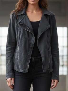 Free People Linen Moto Snap Front Lightweight Retro Jacket Grey Size S